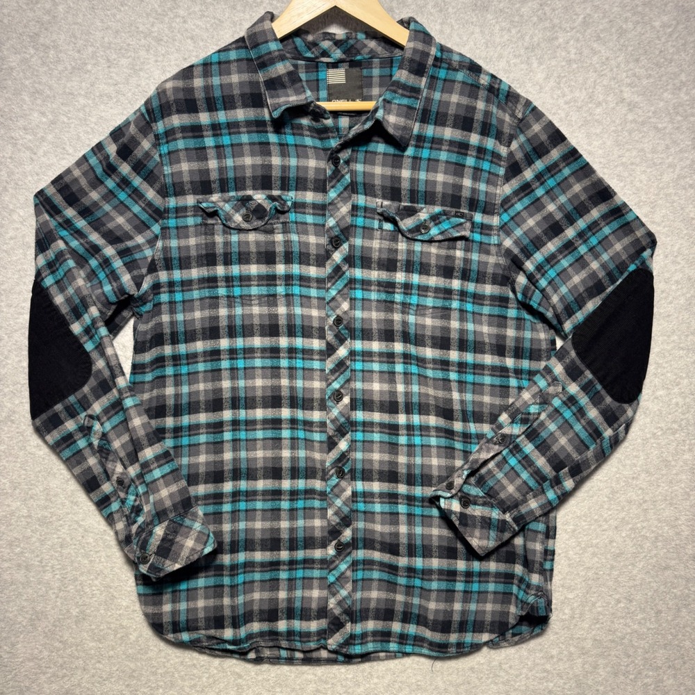 ONeill Mens Flannel Shirt Large Turquoise‎ Grey Plaid Elbow Patches Cotton L